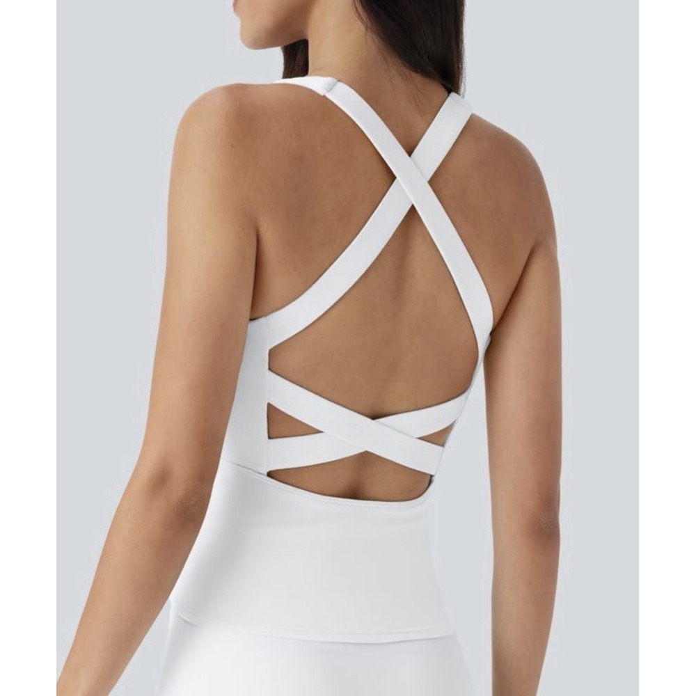 Halara SoftlyZero Airy White Cross Back Tank Top Built In Bra Women S NWT Active
